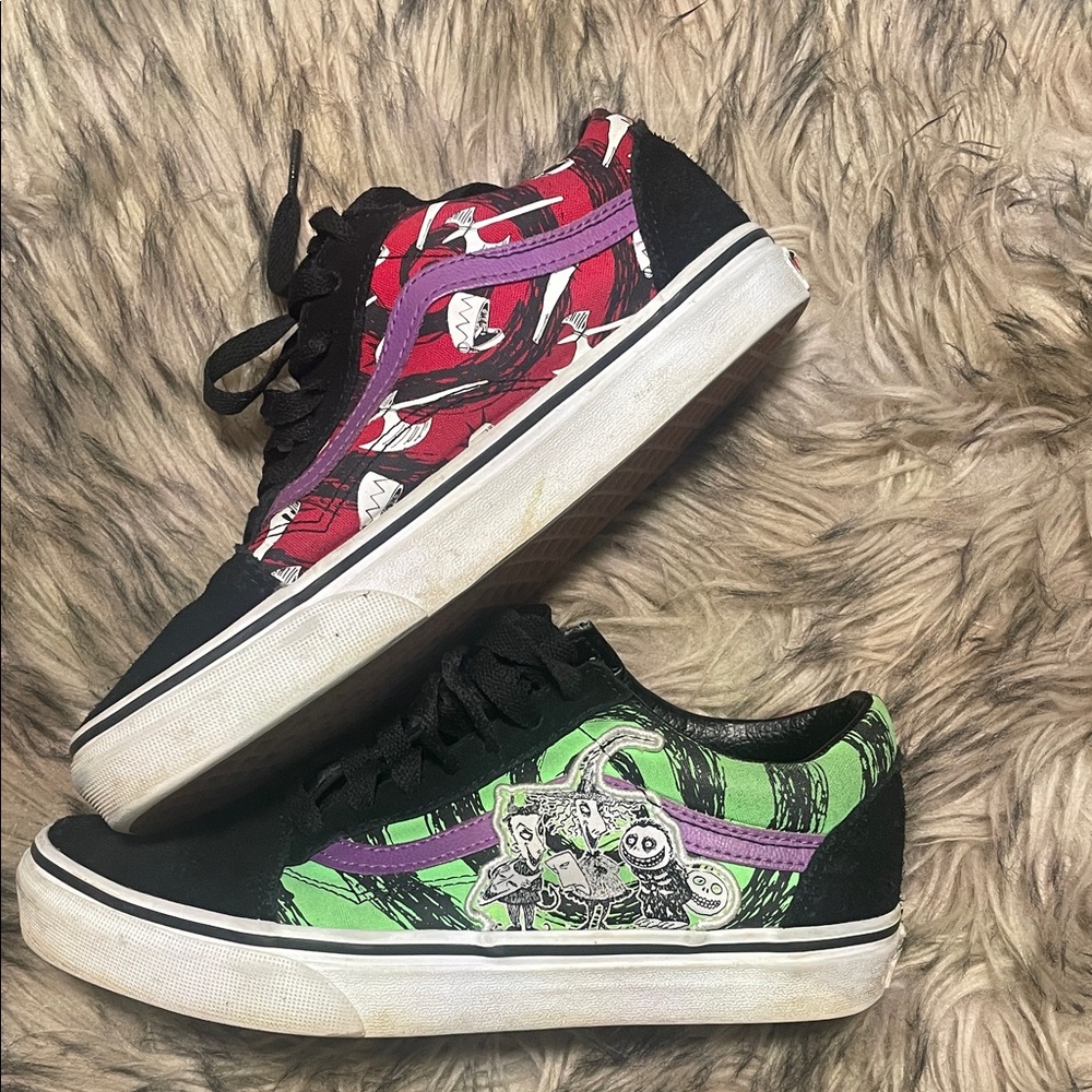 Vans Black Sneakers with Red and Green Graphics nightmare before Christmas